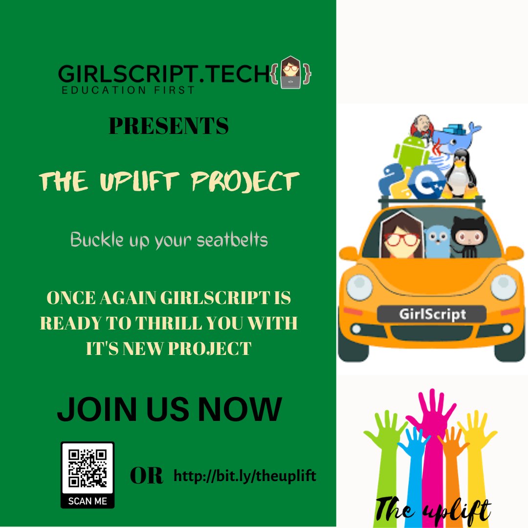 imanishbarnwal's tweet image. “Join Us in this amazing journey of Uplifting Each Other.” 😄

Yeah, That’s True @Girlscript1 brings to you The Uplift Project an immersive opportunity to get started with something new with a mentorship program. ✨
#upliftproject #girlscript #girlscriptiseverywhere (1/3)