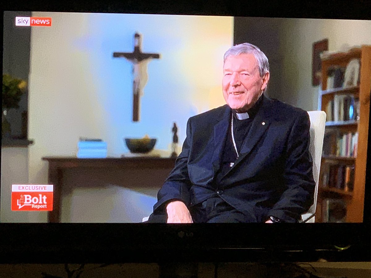 LyleShelton's tweet photo. Andrew Bolt’s interview on @SkyNewsAust with Cardinal #Pell is extraordinary. What a gracious man. His insights into prison life are enlightening. The improbability of him committing the crimes warrant an investigation into Victoria Police &amp; the judiciary. #PellAcquittal #Bolt https://t.co/7XDDnImW41