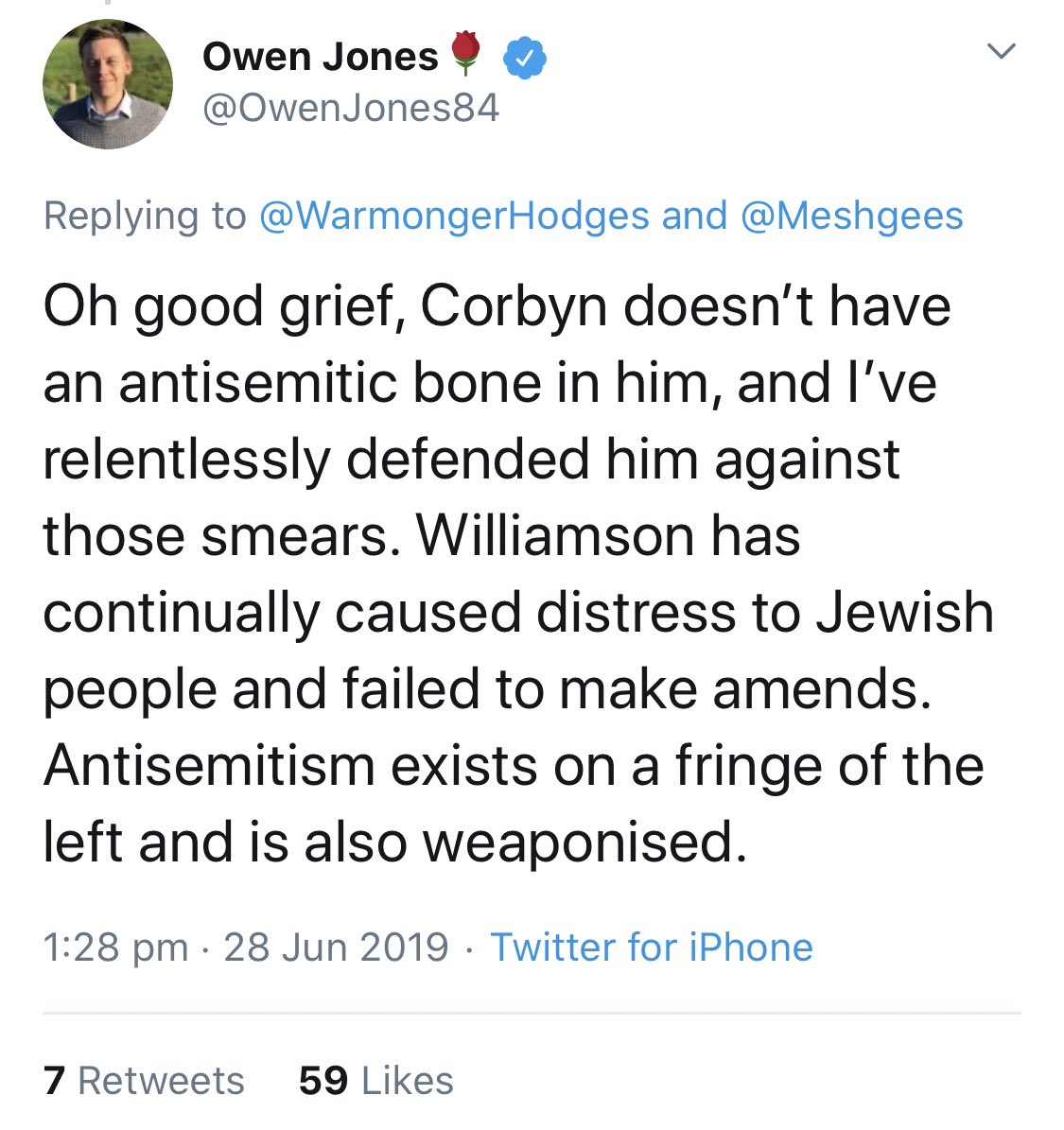 A classic of the genre. Here’s OJ replying to one of the most notorious antisemitic accounts on Twitter and listed as one of the ‘Engines of Hate’ by the Community Security Trust.