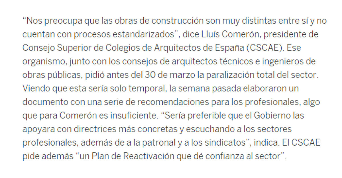 CSCAE's tweet image. “Nos preocupa que las obras de construcción son muy distintas entre sí y no cuentan con procesos estandarizados” ha declarado @presidenteCSCAE en este artículo de El País
sobre la reanudación de los trabajos en servicios no esenciales. 

➡️ elpais.com/economia/2020-…