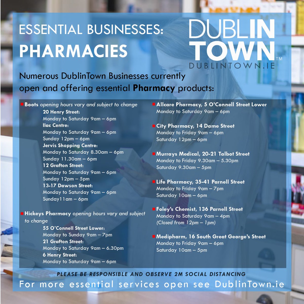 Essential businesses open in #DublinTown include Pharmacies for all your medicine and pharmacy needs. Some may operate contactless with built-in screens and kiosks, and have priority hours. 👩🏻‍⚕️💊🤗#COVIDー19