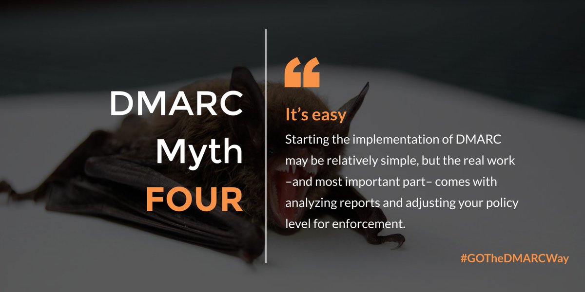 EMEA_GCA's tweet photo. 4th #DMARCmyth 🦇: '#DMARC is easy'. Well, yes and no. Setting it up is not that complicated, but then you need to work on the reports to make it really effective. Want to know more? Sign up for @GlobalCyberAlln's next #DMARCBootcamp, #May4: https://t.co/UeOTlEYO0Z #GoTheDMARCWay https://t.co/8CygpaXCK3