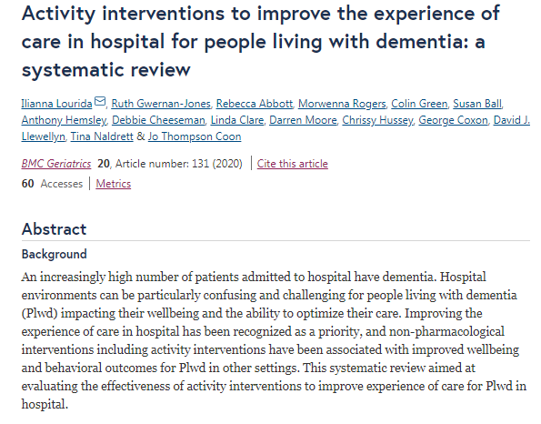 EvidSynthTeam's tweet photo. Lovely to see this published... the first paper from our recently completed @NIHRresearch funded #systematicreview to inform the improvement of the experience of care for people living with #dementia in acute hospitals @ExeterMed @BMC_series https://t.co/m6BanDM3mO