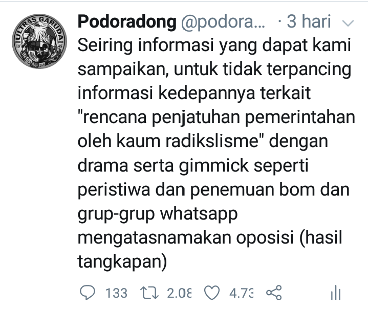 podoradong's tweet photo. Mari belajar membaca polanya

Dari keberadaan anarko lalu issu terorisme hingga rencana aksi penjarahan lalu penggulingan pemerintah

Dan kini para buzzerp pemenang tender sedang buat hastag bongkar dalang anarko

Tinggal ceklist terjadinya tiap kicauan yg kami buat kedepannya https://t.co/i10BEmZ2mk
