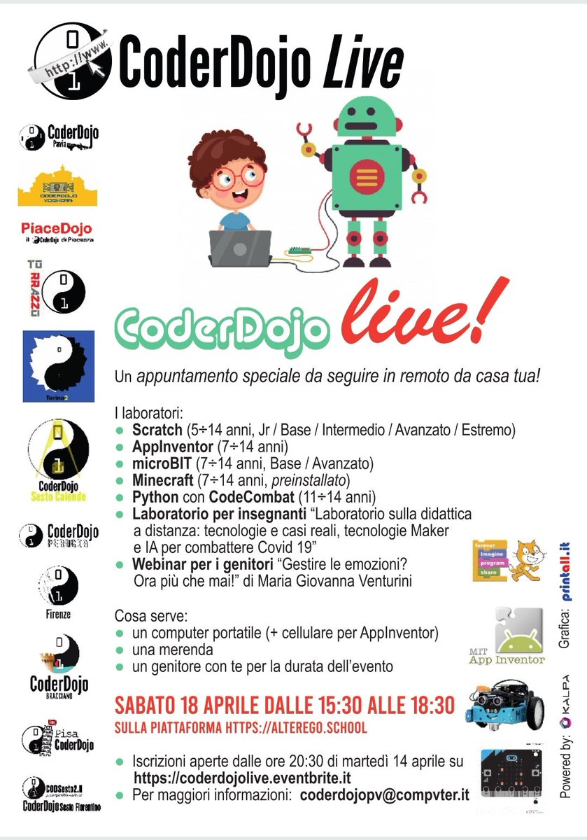 coderdojovo's tweet image. CoderDojo Live sarà sabato 18 aprile con ninja provenienti da tutta Italia: ci saranno nuovi laboratori per voi!
Iscrizioni su coderdojolive.evenbrite.it a partire da martedì 14 aprile h 20:30