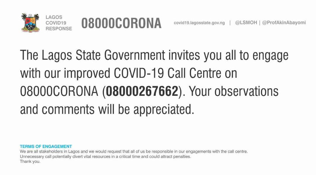 LSMOH's tweet photo. Dear Citizens,  
For access to #COVID19Lagos information, care &amp; support, please call📞 our improved  #COVID19Lagos Toll Free Helpline 08000CORONA = 08000267662 #TogetherWeCan Break the Chain of Transmission 
#LagosAgainstCOVID19
@DigiCommsNG
@followlasg
@jidesanwoolu
@WHONigeria https://t.co/KqiqXOjsvD