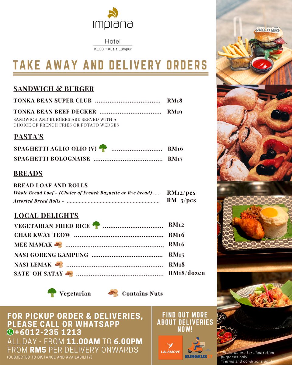 ImpianaKLCC's tweet photo. Take away order menu is available ALL DAY from 11AM to 6PM.
For orders and deliveries, please call
• +6012 235 1213
Or download “Bungkus It” app now and find Tonka Bean Cafe & Deli.
#foodkl #impianaklcc #impianaklcchotel #takeawayordersinKL #staysafe #stayhome #kualalumpurfood https://t.co/lzoG91wF7A