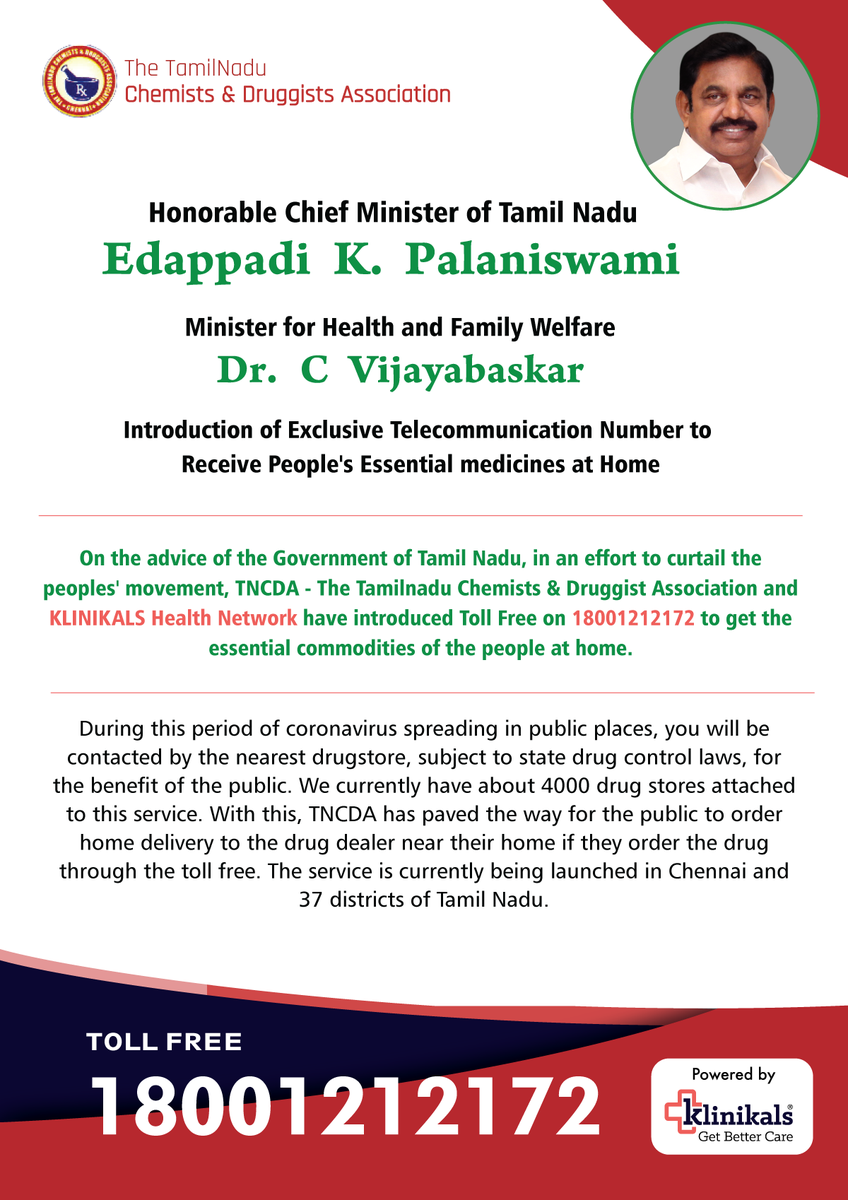 klinikals's tweet photo. On the advice of the #GovernmentofTamilNadu and in an effort to curtail the peoples' movement - #TNCDA and #KLINIKALS Health Network have collaborated to introduce Toll Free Number 18001212172 to get essential medicines delivered to people at their doorstep! #lockdown https://t.co/wPadiwvXUN