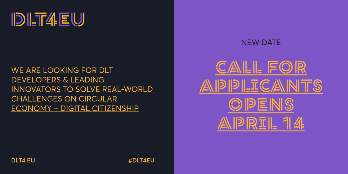 #DLT4EU OPEN CALL IS NOW LIVE! 

We are targeting #DLT #developers #startups and leading #innovators to solve real-world challenges in the fields of the #circulareconomy and #digitalcitizenship.

👉Apply at dlt4.eu by 6th May 2020

#blockchain #TechForGood