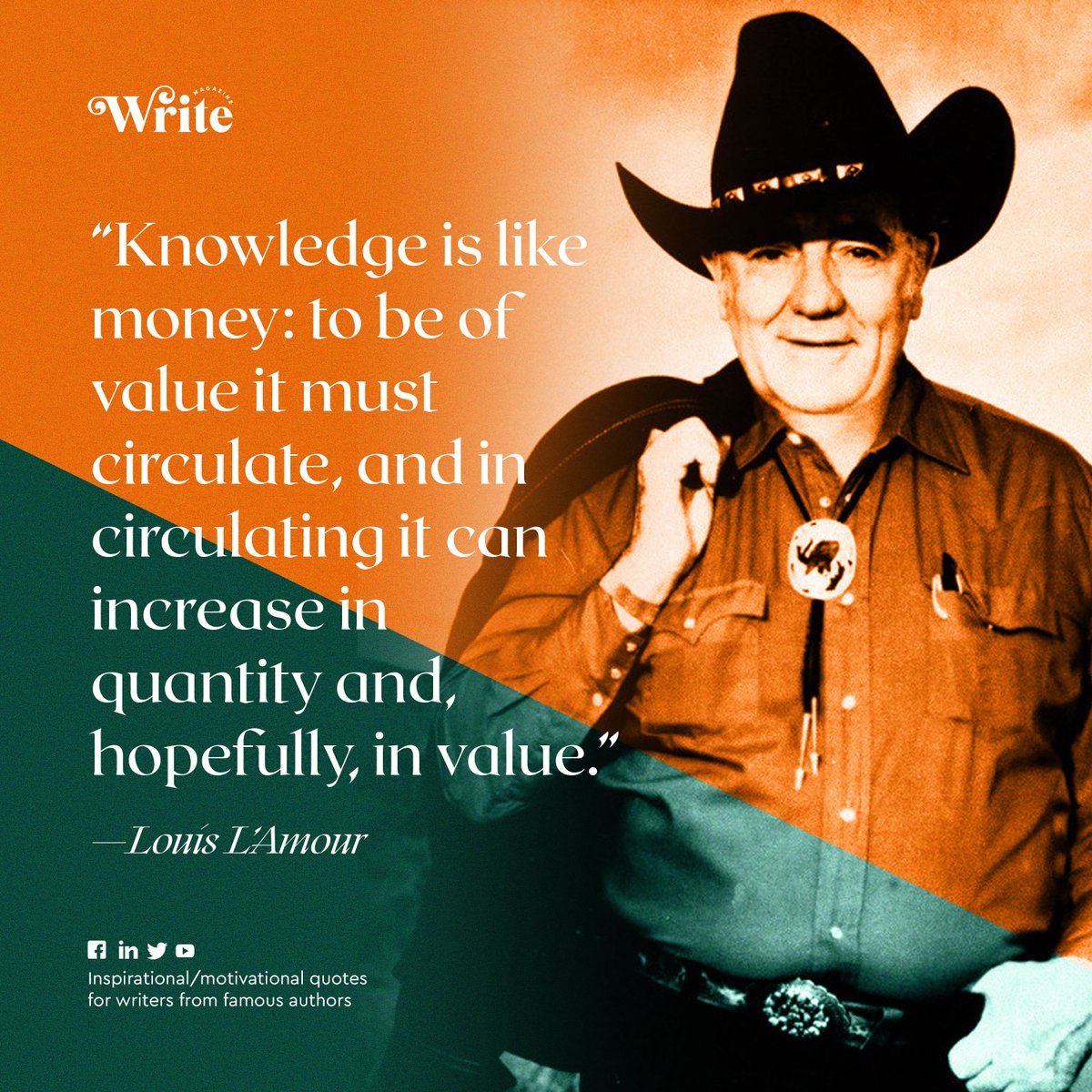 WriteMagazine_'s tweet photo. “Knowledge is like money: to be of value it must circulate, and in circulating it can increase in quantity and, hopefully, in value.”

- Louis L’Amour

Subscribe now at https://t.co/LpQng5AiJn and read our latest issue for free!

#QualityOverMatter
#writemagazine
#writemag https://t.co/JPc2IOr2PV