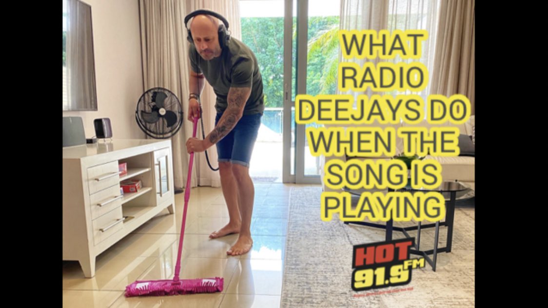 What radio deejays do when the show is from home and the song is playing...