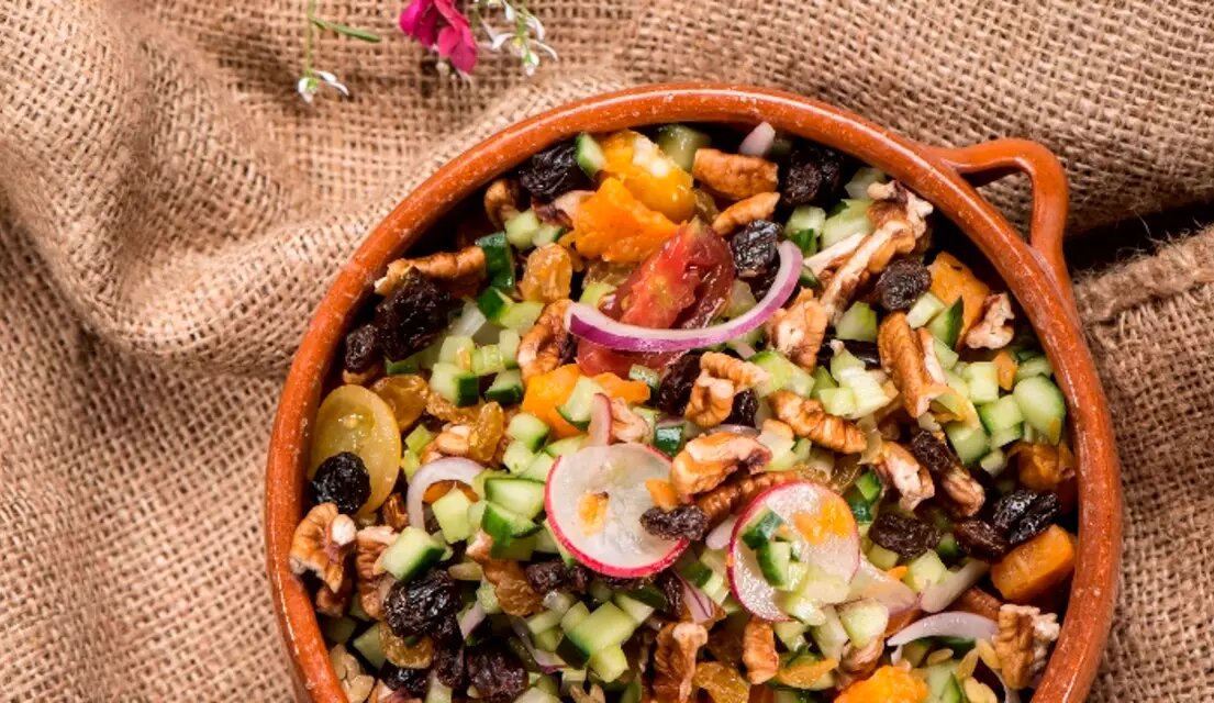 Salat Shivat haMunnimA salad made from the 7 species of Israel: wheat, barley, grapes, figs, pomegranates, olives, and dates. It is mentioned in Jewish texts as 7 species salad.