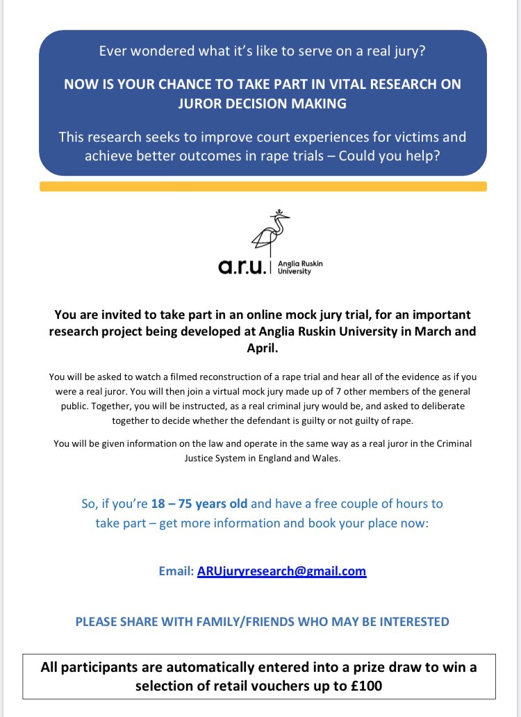 CHerriott6's tweet photo. We have more slots available! Calling anyone aged 18-75 in England and Wales, please get in touch: ARUjuryresearch@gmail.com  
Please share with family, friends and retweet 🗣 @AngliaRuskin @VAWGRN @whatsonessex @WhatsOnCam @WhatsOnHerts @whatsonbeds @CamWhatsOn https://t.co/5pboK5RI6z