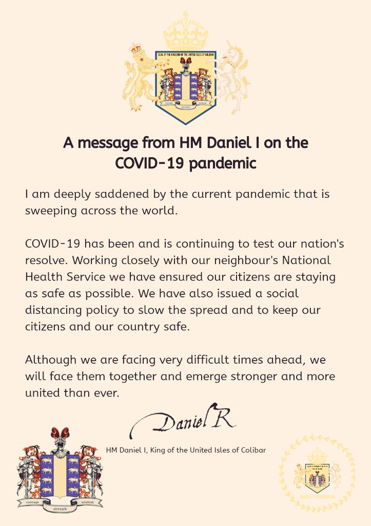A message from HM Daniel I on the coronavirus. #micronation