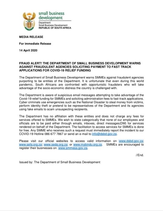 FRAUD ALERT! THE DEPARTMENT OF SMALL BUSINESS DEVELOPMENT WARNS AGAINST FRAUDULENT AGENCIES SOLICITING PAYMENTS TO FAST TRACK APPLICATIONS FOR COVID-19 FUNDING RELIEF