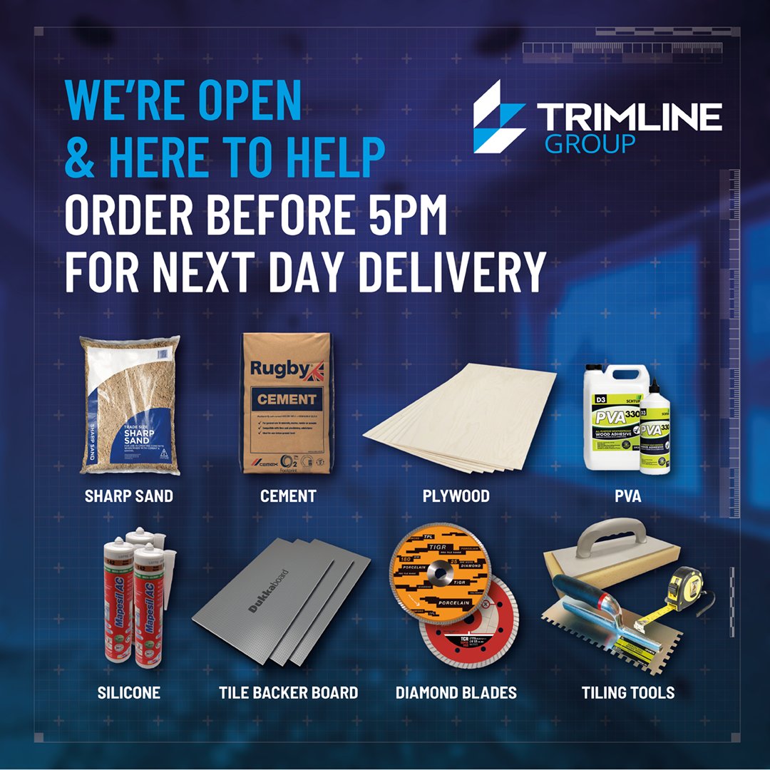 TrimlineGroup's tweet photo. We're Open &amp; Here to Help. With high stocks of #tiling essentials including #sand #cement #plywood #silicone #backerboard #blades #tilingtools, in our warehouse, You can order before 5pm for Next Day Delivery.  Visit https://t.co/HMa9St2GyY or call 020 8778 9000. #letstalktiling https://t.co/IRx2cVGYMb