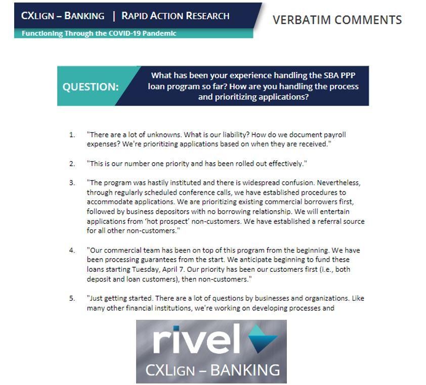 Have you joined Rivel Research Group's rapid action research community? We conduct 3-4 minute surveys weekly - #bankexecutives ask &amp; answer peer questions. Last week's survey was on bankers' experience with the PPP rollout. Free to join - Contact Barb bsullivan@rivel.com #Rivel
