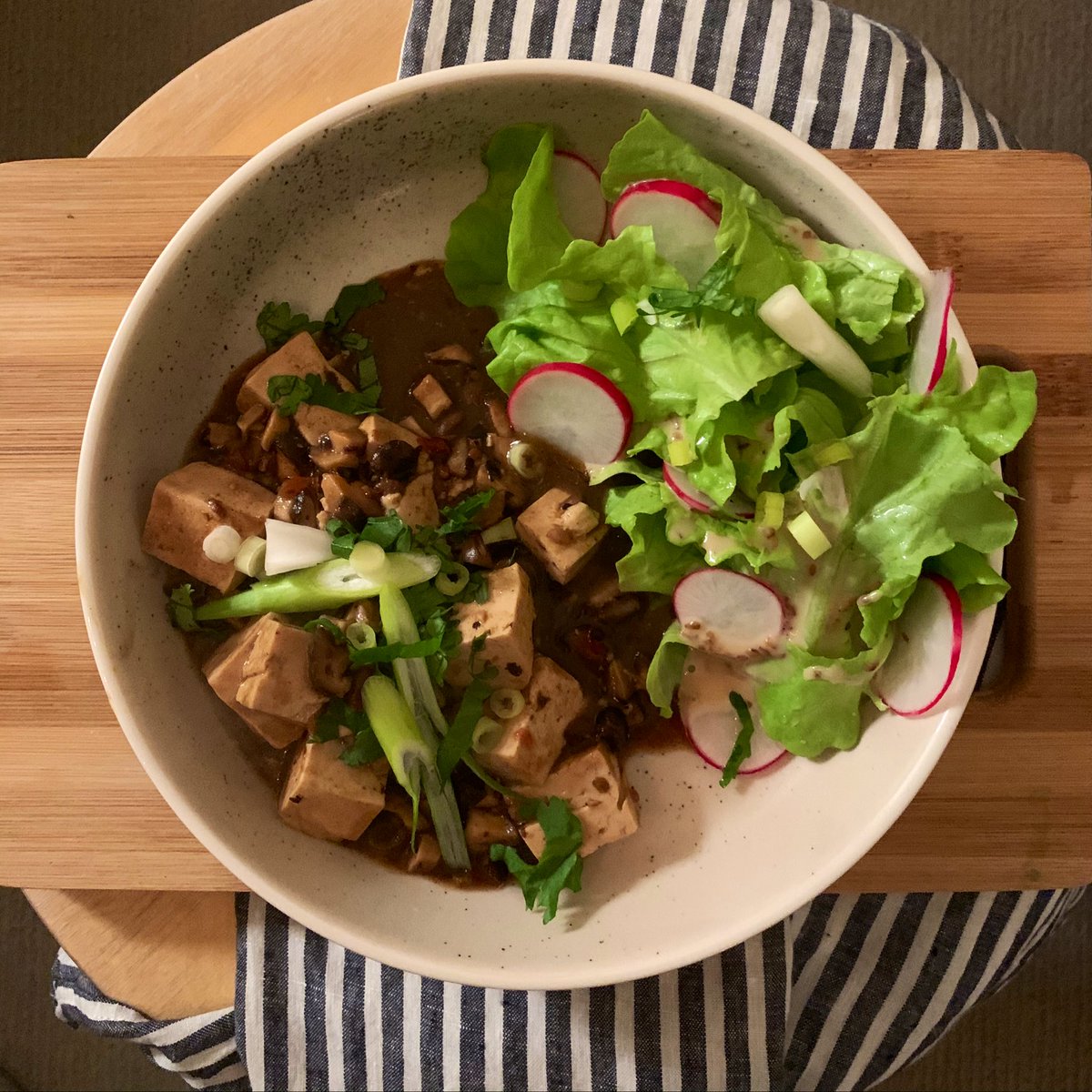 this is an ugly but delicious dinner of mapo tofu (i used mushroom instead of ground meat) and salad. i don’t think butter lettuce and radishes is a traditional sichuan fare but i was craving some crunchy veg