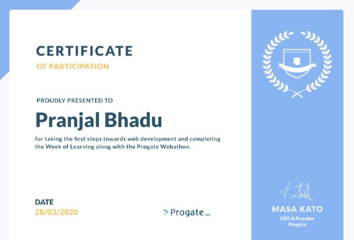 BhaduPranjal's tweet image. Finally received my certificate for participating in progate week of learning. This event inspired me a lot and cleared my basic doubts. #Code2Success #ProgateWeekOfLearning #Coding #100DaysOfCode #codinglife #HTML #CSS #WomenWhoCode #GirlsWhoCode