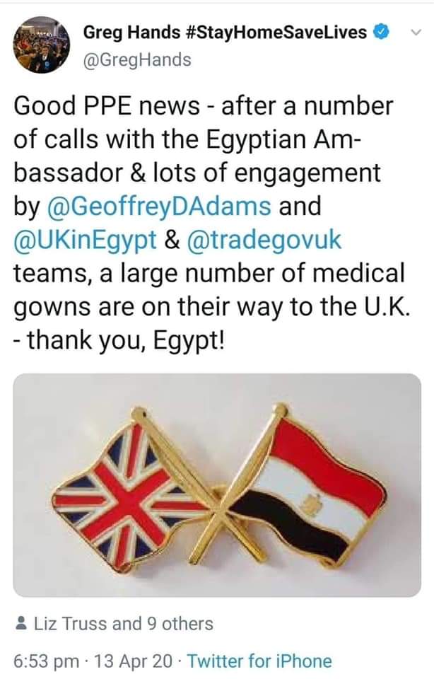 fathyshams's tweet photo. عايز تعرف قيمة مصر شوف التويته دي

وزير التجارة البريطاني: أخيرا بعد العديد من المكالمات مع السفير المصري وتدخل وزارتي التجارة والخارجية شحنات من المستلزمات الطبية من مصر في طريقها إلى بريطانيا شكرا مصر..

خريطة العلاقات السياسية و الاقتصادية هتتغير بعد أزمة الكورونا

#أم_الدنيا https://t.co/mkjVpYmOd2