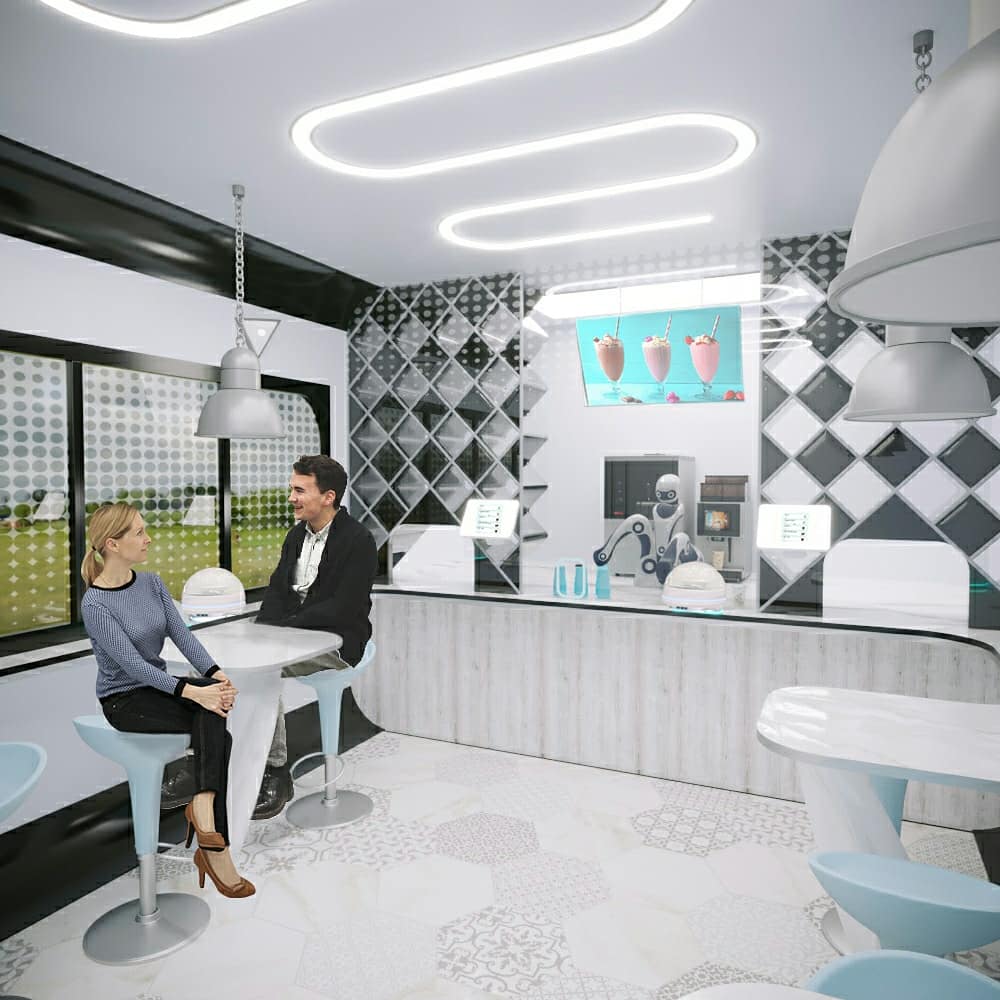 MontyRoboCafe's tweet photo. Our vision of unmanned cafe. Robot serve drinks and dessert will be delivered by small shuttle. Orders accepted from app or tablets on table. #cafe #foodtech #foodinnovation #business #startup #Robotics https://t.co/S1lc5lk2e4