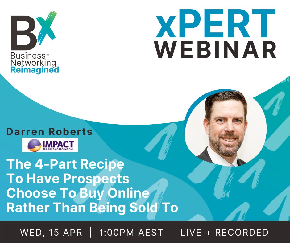 Join us for a Facebook Live on Wed, 15 Apr at 1:00 pm for an xCite Presentation by Darren Roberts from Impact Training on The 4-Part Recipe To Have Prospects Choose To Buy Online Rather Than Being Sold To.

Join us here live on Wed, 15 Apr at 1:00 pm!
zoom.us/meeting/regist…