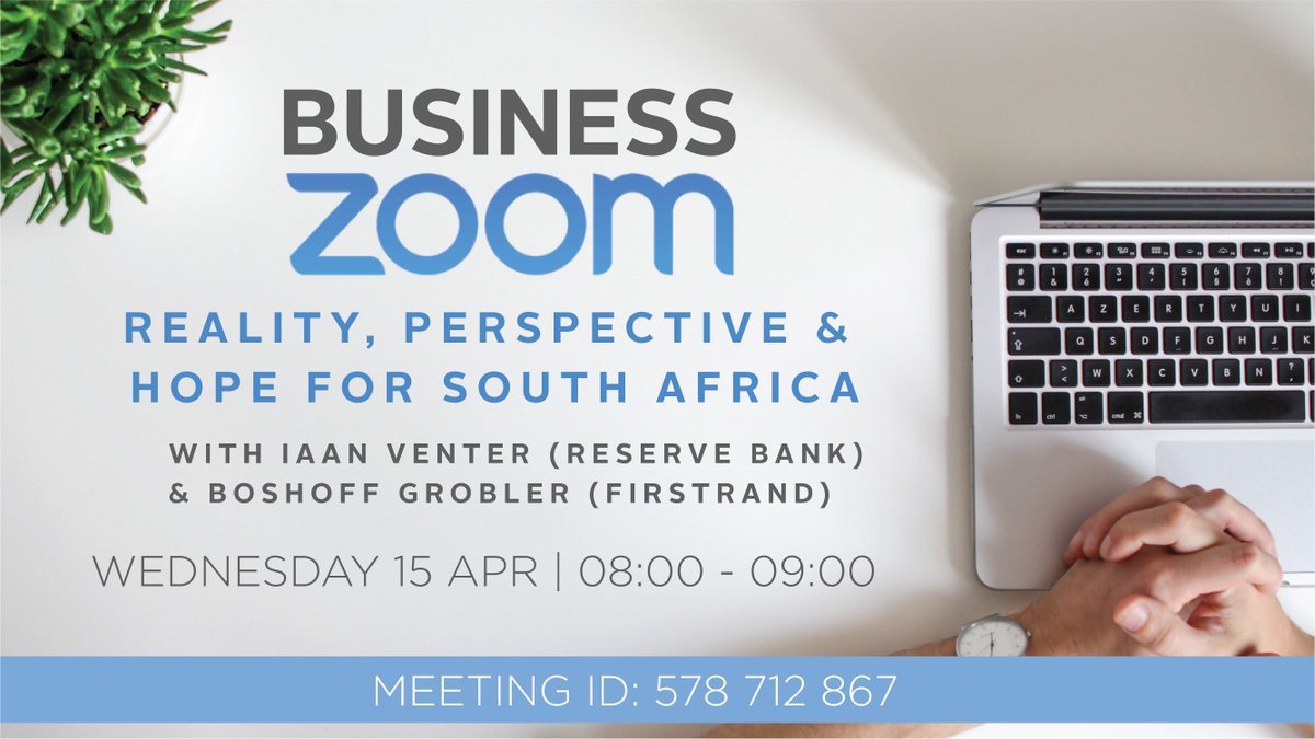 Ons het môre 'n Business Zoom waar ons met Boshoff Grobler en Iaan Venter gaan kuier oor "Reality, Perspective &amp; Hope for South Africa." 

Skakel gerus in vir die Zoom: 
Join Zoom Meeting
buff.ly/34BOqlM

Meeting ID: 578 712 867