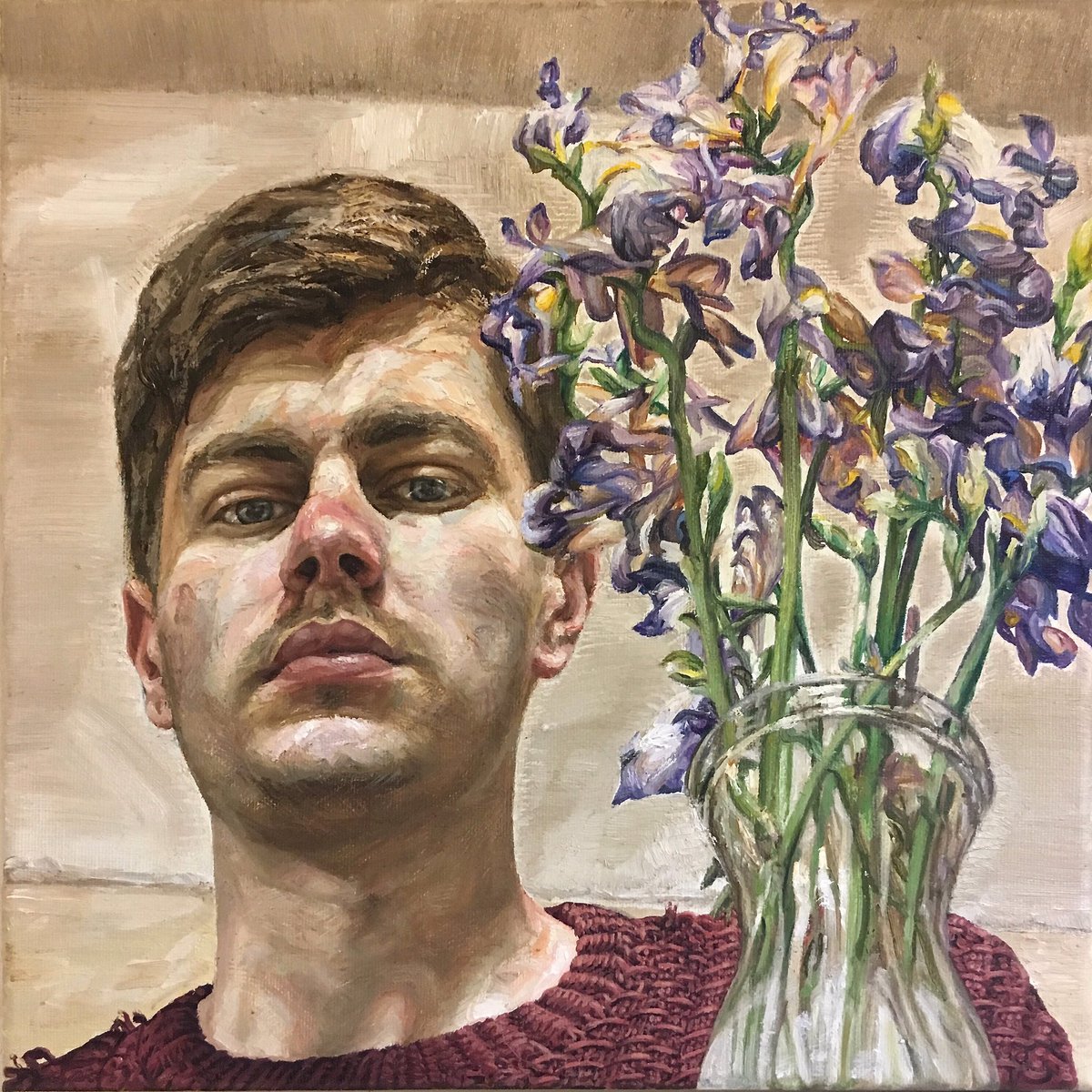 ‘Self-Portrait with Dead Flowers’, 2020. Oil-on/canvas, 30x30cm. #art #selfportrait #flowers #lifepainting #oilpainting