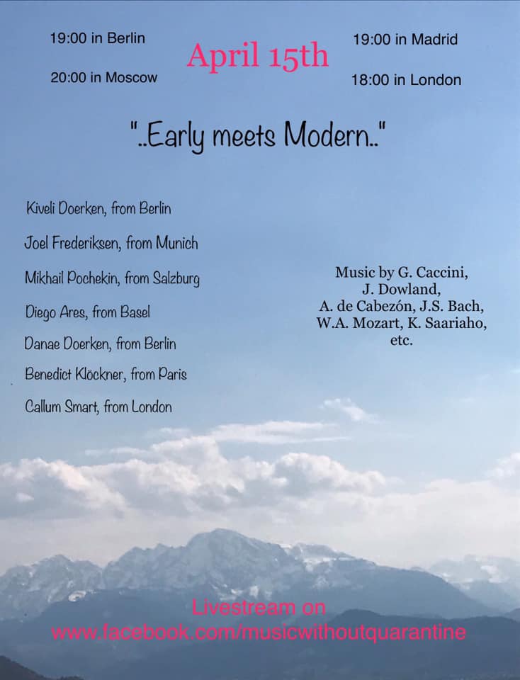 Aquí llega el siguiente concierto de "Música sin cuarentena" (Music Without Quarantine): "Lo Antiguo se vuelve Moderno"💐
Miércoles, 15 de abril a las 19:00 (CET)
¡Quedáis todos invitados!😉