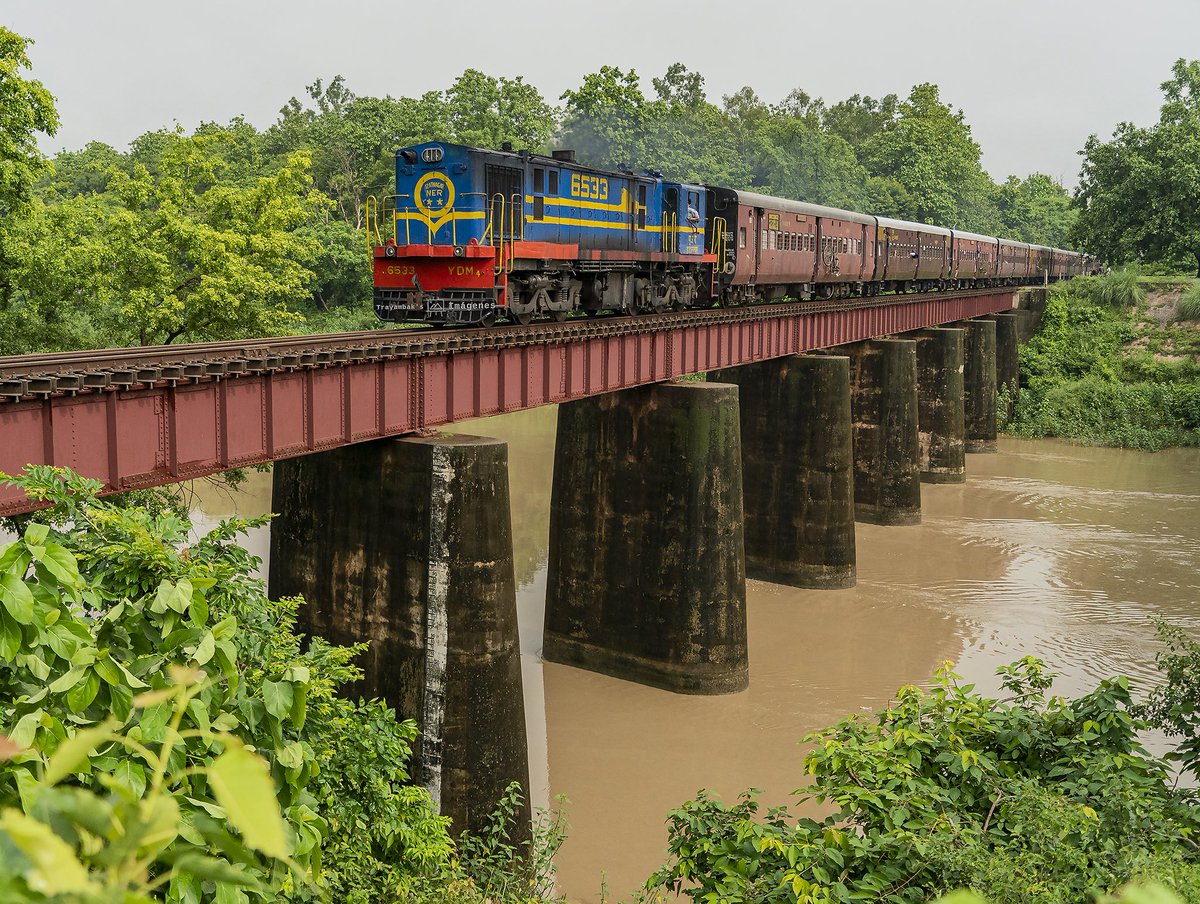 SampoornaKranti's tweet photo. The #MeterGauge passenger service from #Mailani towards #Nanpara trudges over one of the many tributaries filled with chocolaty waters, through these dense jungles of #KatarniaghatWildlifeSanctuary frequented by tigers near the #Nepal border in #UttarPradesh #IndianRailways https://t.co/Kcu27VsXZD
