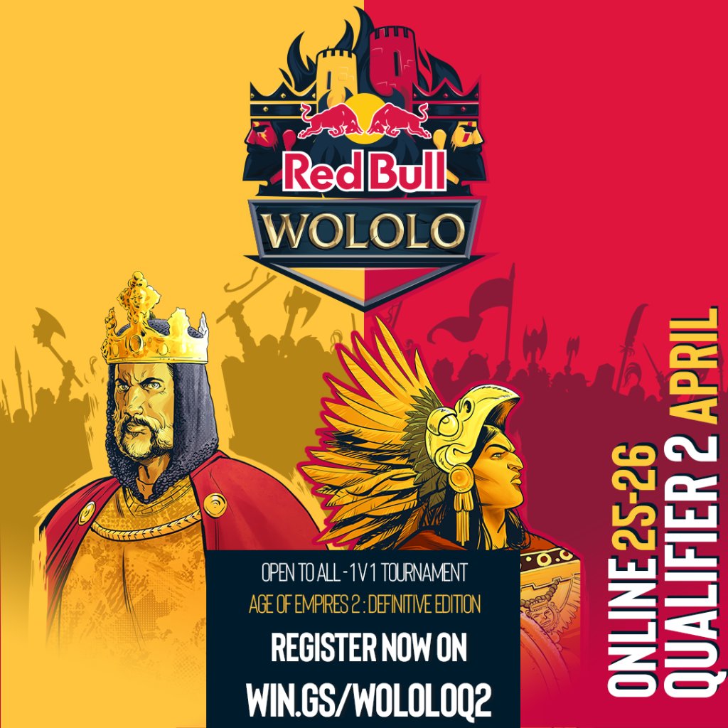 ⚔️ PREPARE YOURSELVES, AGE FANS! We've teamed up with @Redbullgaming for an Age of Empires II: Definitive Edition 1v1 tournament. Open to all! ⚔️ 

🔴 Qualifier 1: win.gs/WololoQ1
🔴 Qualifier 2: win.gs/WololoQ2