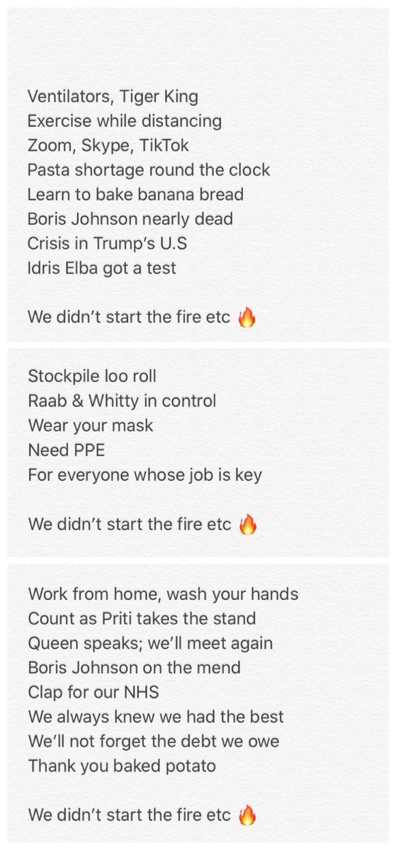 jessrickson's tweet photo. Dear @billyjoel 
Love to you, from the UK 🇬🇧
Hope you &amp; your family are well 
I’ve had a go at updating “We Didn’t Start The Fire” for you 🔥
An addendum for 2020 
With the very obvious caveat that there could never be another Billy Joel... X https://t.co/yHJijSWwvP