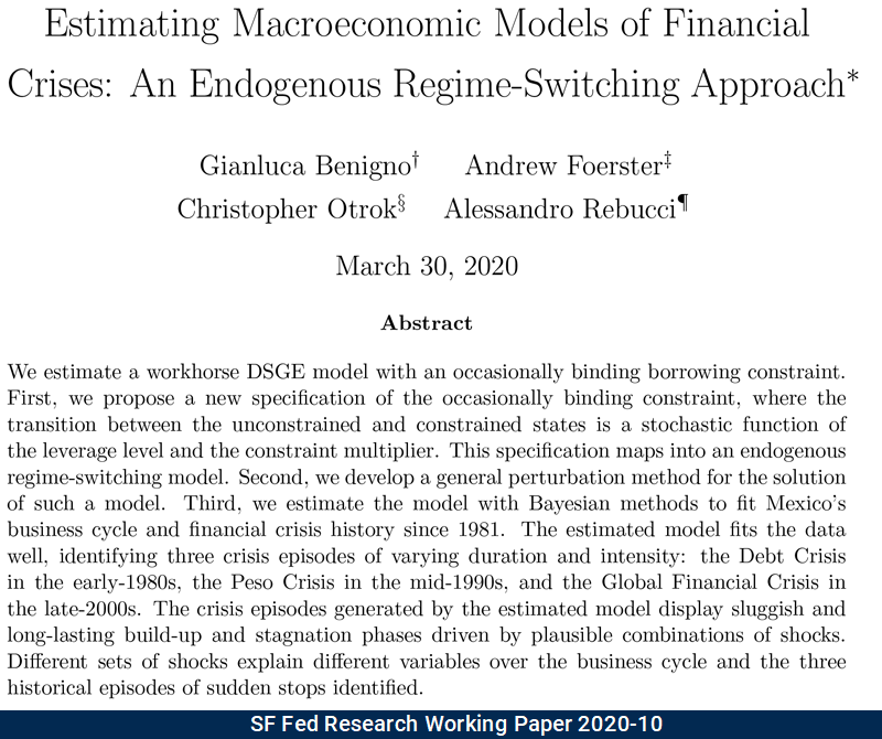 sffed's tweet photo. New #WorkingPaper from #SFFedResearch: Estimating Macroeconomic Models of #FinancialCrises: An Endogenous Regime-Switching Approach by Gianluca Benigno, Andrew Foerster, Christopher Otrok, and Alessandro Rebucci: https://t.co/45kTb5dafV #EconTwitter #BayesianEstimation https://t.co/3hxr3skPRj