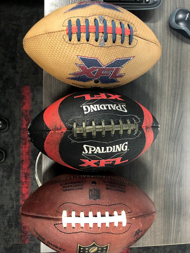 Going back in time now lets talk about another passion project: the XFL Football. One of the cooler projects and one that I came into the league super excited about. That ball in the center is the only football I ever owned, the original XFL ball(1 of the first prototypes beside)