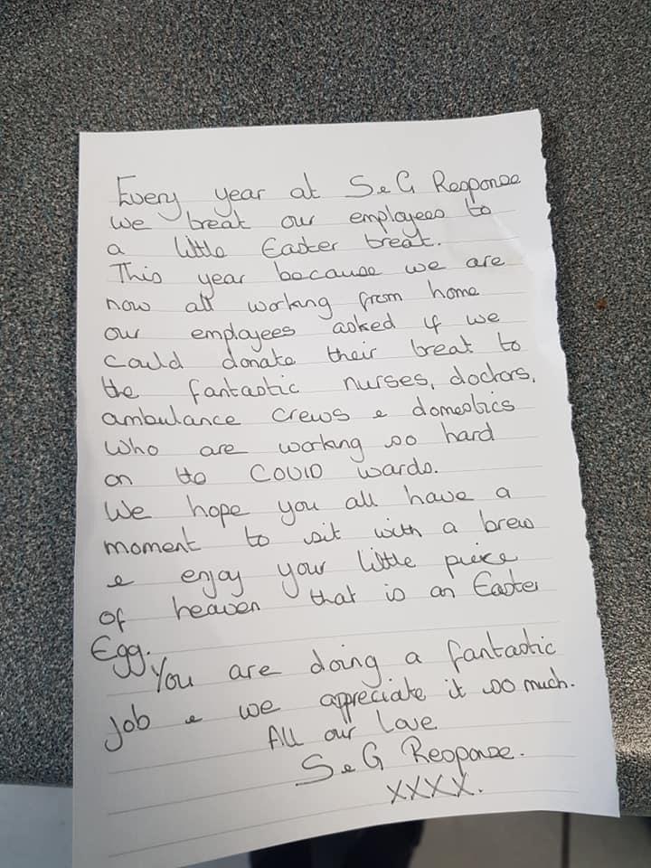 SandGResponse's tweet photo. As all of our staff have been working from home this #Easter they have asked us to donate their usual Easter eggs and treats to the NHS staff as well as some toys for the children's ward at 
@ED_SteppingHill, thank you for keeping us safe 💙

#NHS #NHSCovidHeroes https://t.co/ugIS5PWj42