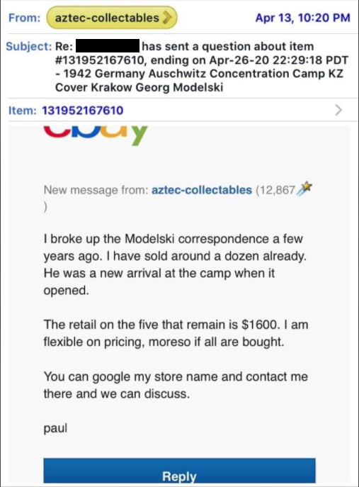 These letters were written by Jerzy Modelski whose father died in Auschwitz. Jerzy is  @danpogofc's grandfather. The letters went missing from the family under suspicious circumstances.Here is the response from the seller when asked to return the letters to the family.