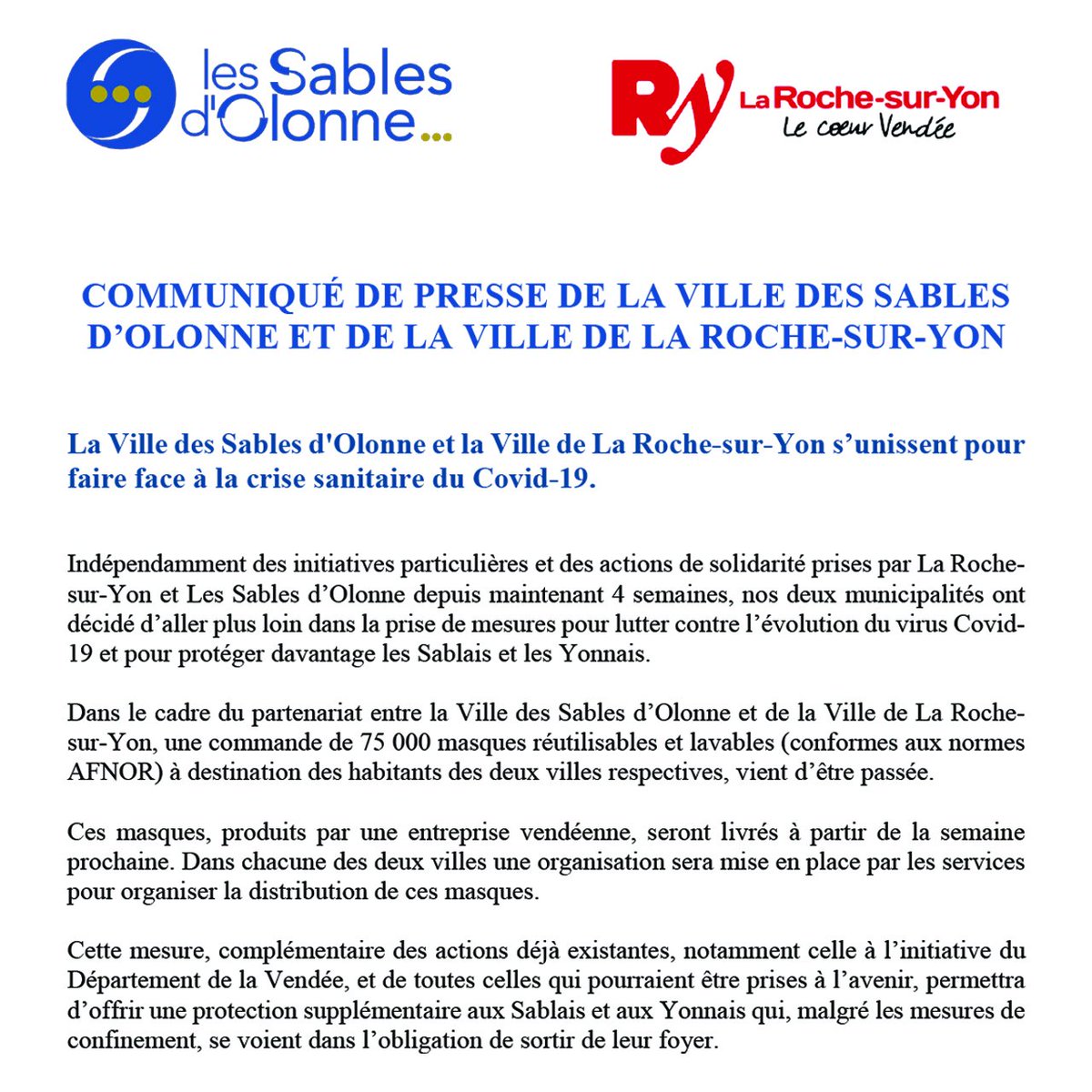 larochesuryonfr's tweet photo. 📢 @larochesuryonfr et @VilleDesSables passent commande de 75 000 #masques lavables pour protéger leurs habitants.
#covid_19 #larochemobilisée #larochesuryon #lrsy #vendée https://t.co/gyhG5Ihd0B
