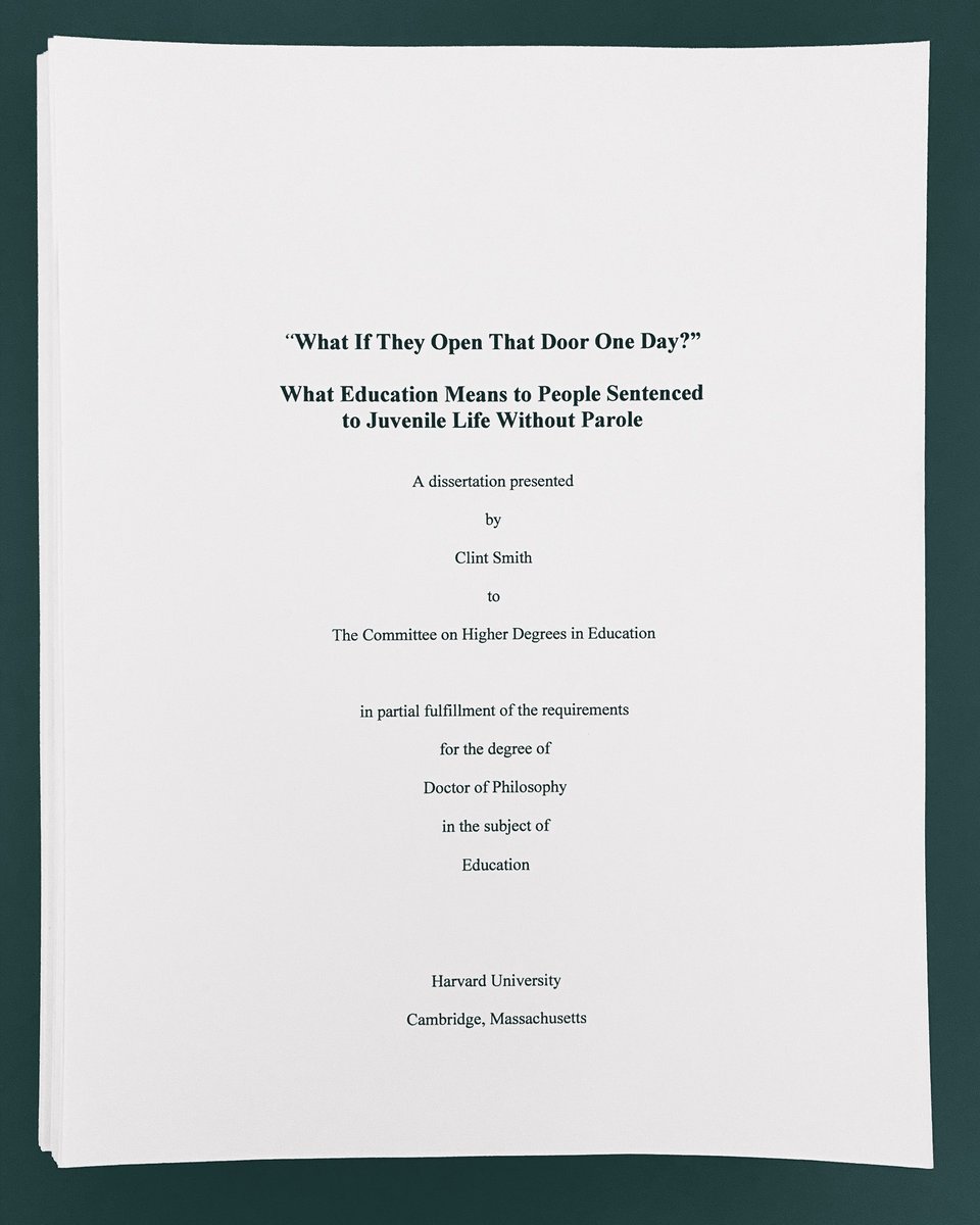 For folks asking about the subject of the dissertation, it was about how people sentenced to life without parole as children make meaning of the purpose of education before, during, and after their period of incarceration.