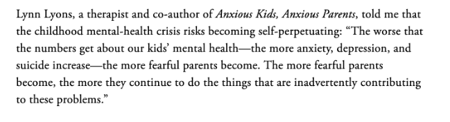 8/ That’s partly because we misunderstand anxiety. Anxiety disorders are worth preventing, but anxiety itself is a normal response to stress. It is uncomfortable, but children can learn to tolerate it. Far too often, though, we try to insulate our kids from distress entirely.