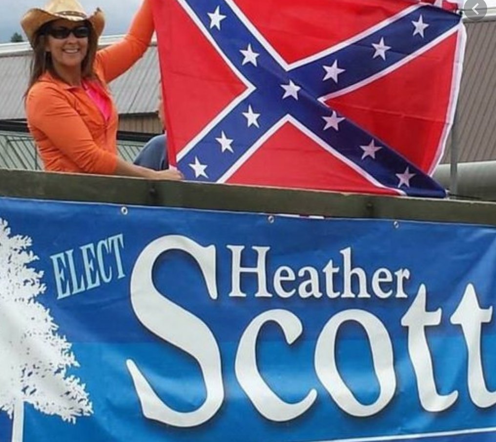 Scott has demonstrated neo-Confederate beliefs (she flew a Confederate flag during her election campaign). https://sandpointreader.com/rep-heather-scott-features-in-wa-house-investigation-into-matt-sheas-domestic-terrorism/ 2/ (photo from Daily Kos)