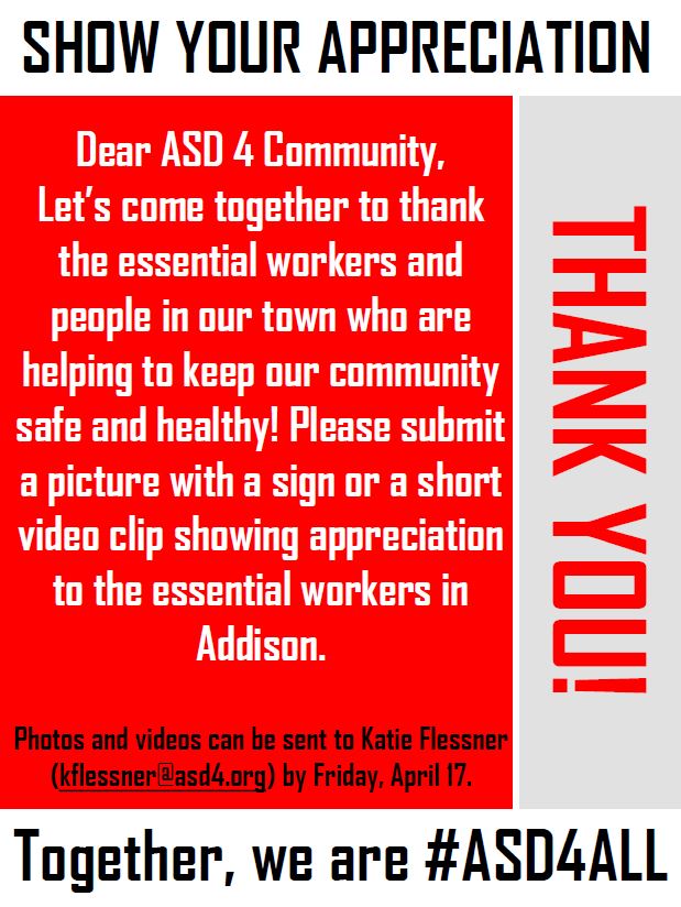 Let's Come together to thank the essential workers and people in our town who are helping to keep our community safe and healthy!  #asd4all