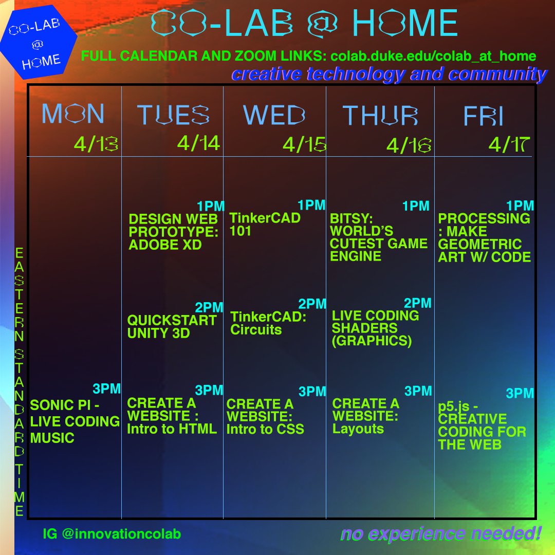 Joselyn (@gucci_bagel) on Twitter photo If you're part of the <a href="/DukeU/">Duke University</a> community - student, staff, faculty, admitted, alum - feel free 2 join our ongoing <a href="/InnovationCoLab/">Innovation Co-Lab</a> Creative Tech workshop series. Link: colab.duke.edu/colab_at_home⚡️
Classes being led by !!! instructors like <a href="/CharStiles/">char</a> @rose_alibi <a href="/everestpipkin/">Everest</a> If you're part of the <a href="/DukeU/">Duke University</a> community - student, staff, faculty, admitted, alum - feel free 2 join our ongoing <a href="/InnovationCoLab/">Innovation Co-Lab</a> Creative Tech workshop series. Link: colab.duke.edu/colab_at_home⚡️
Classes being led by !!! instructors like <a href="/CharStiles/">char</a> @rose_alibi <a href="/everestpipkin/">Everest</a>