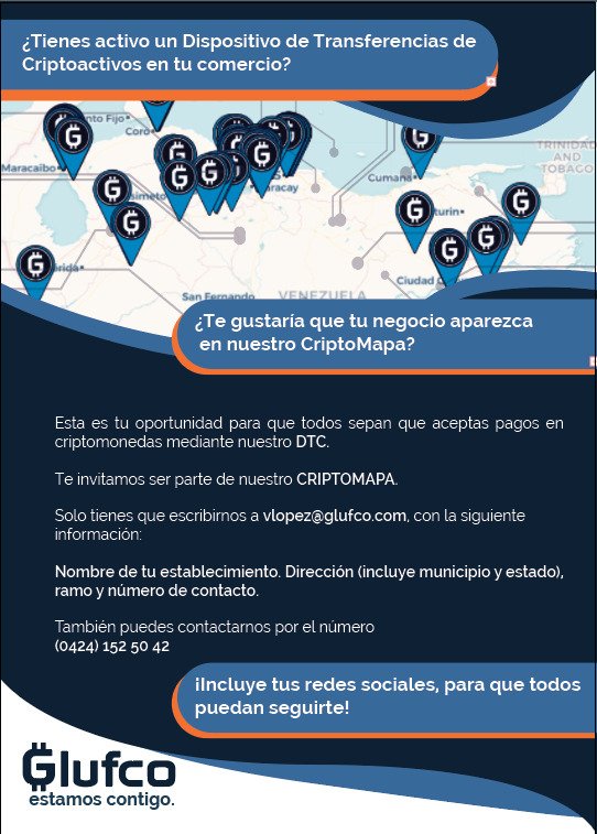 Glufco's tweet photo. ¿Eres comerciante y tienes tu #DTC activo en tu comercio?
Únete al #criptomapa.
Sigue los pasos y tu local estará disponible en nuestro mapa interactivo para que sea mas fácil y rápido para el consumidor localizar y saber dónde usar sus tarjetas #Glufco.
#EstamosContigo https://t.co/RxH8xPku5O