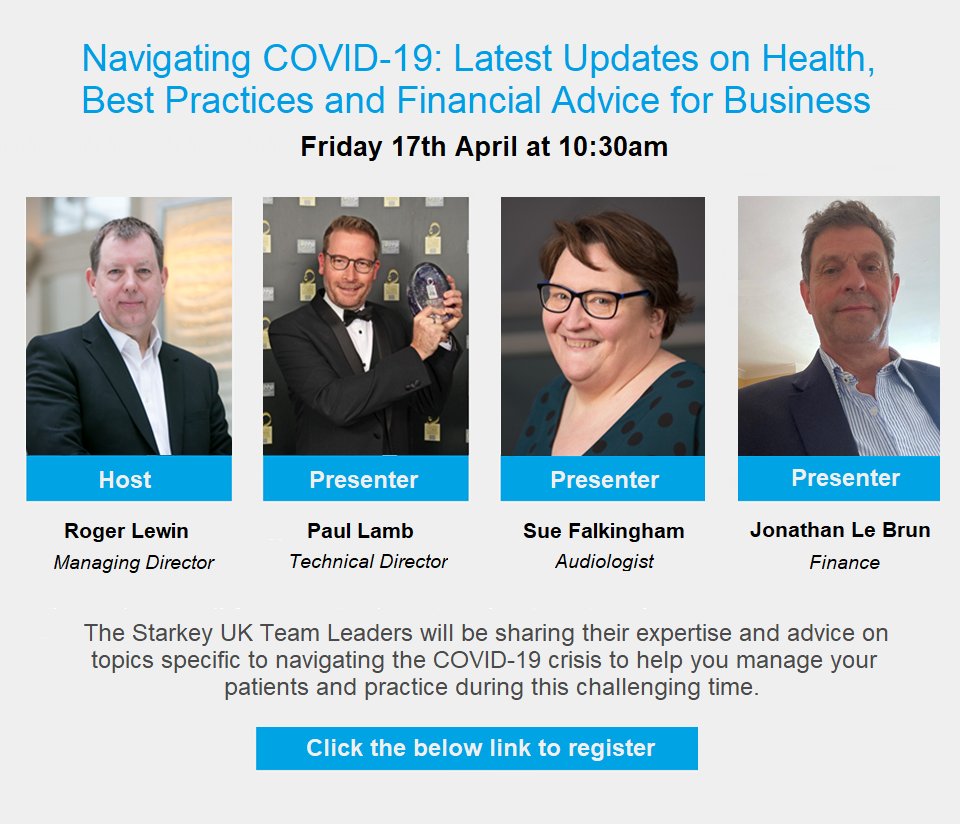 The Starkey UK Team Leaders will be sharing their expertise and advice on topics specific to navigating the COVID-19 crisis to help you manage your patients and practice during this challenging time. 

Register here to join the webinar: starkeyhearing.wufoo.com/forms/sp6ngkc0…