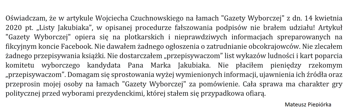 Mat_Piepiorka's tweet photo. @gazeta_wyborcza Poniżej moje oświadczenie:
"(...) Cała sprawa ma charakter gry politycznej przed wyborami prezydenckimi, której stałem się przypadkową ofiarą." https://t.co/xhFTiYj9nl