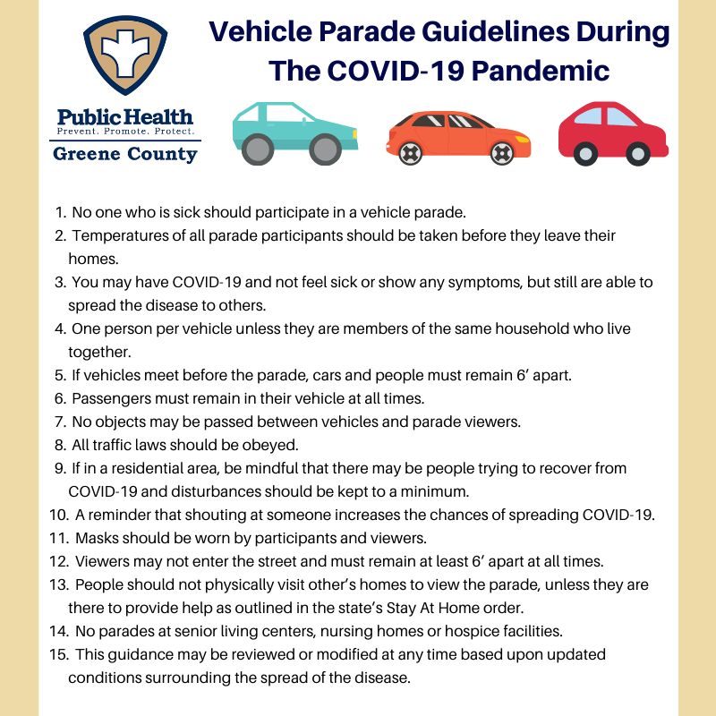 GreeneCoPH's tweet photo. If you choose to participate in a vehicle parade in Greene County during the #COVID19 pandemic, please follow these guidelines in an effort to protect yourself, participants and other members of the public. #VehicleParade #GCPH https://t.co/wYCltUXEaD