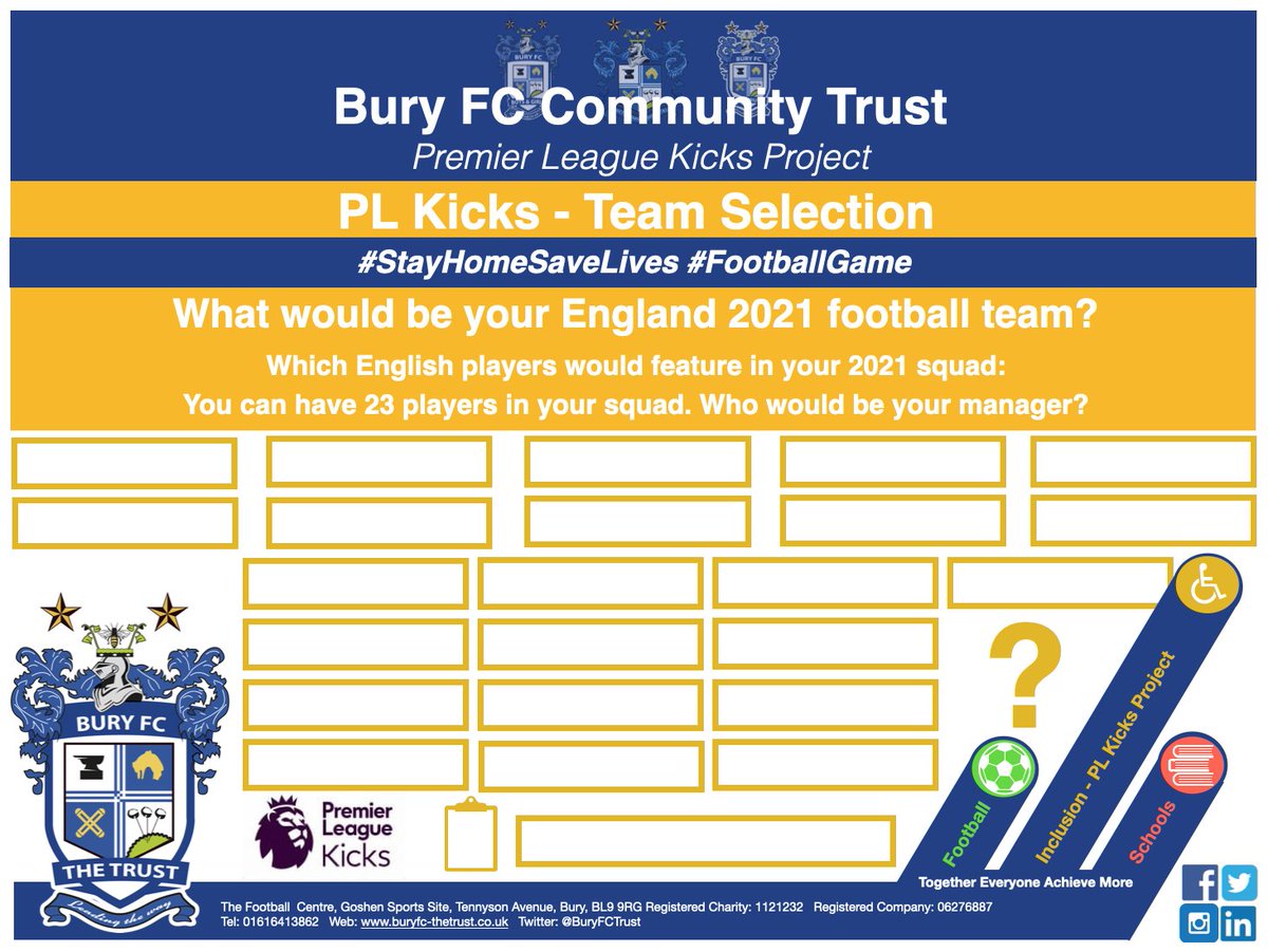 BuryFCTrust's tweet photo. Good evening!
Here is another activity for our #PLKicks, #DisabilityFootball and #PLPrimaryStars to get involved with. Here is your chance to coach England and pick your 2021 squad. ⚽🏃♂️
Who will be picked? #EngSquad
@PLCommunities @LancashireFA @BuryFCBoysGirls @GMACFL_ https://t.co/7VAt5R8A75