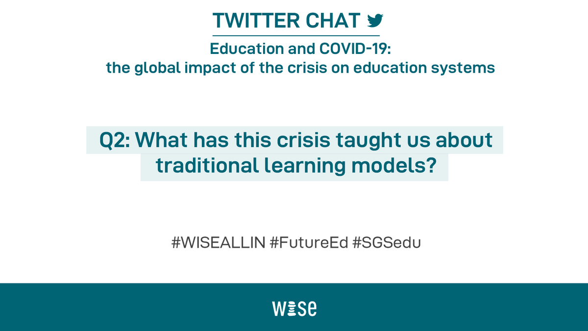 WISE_Tweets's tweet photo. Q2: With 91% of the world’s student population now impacted by school closures, according to @UNESCO, what has this crisis taught you about our current learning models? #WISEALLIN #FutureEd #SGSedu @SalzburgGlobal https://t.co/Zejo5wJrWC