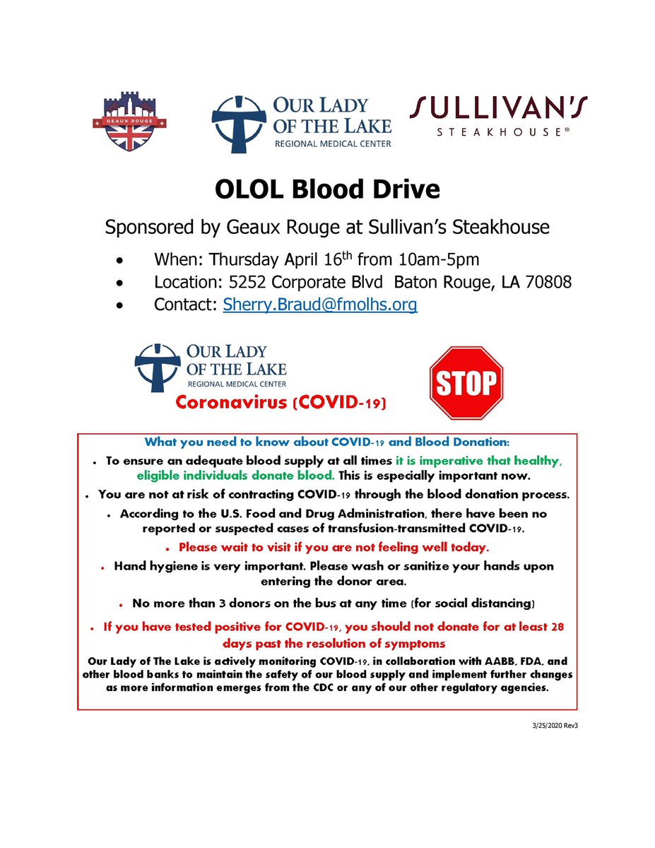 Our good friends at <a href="/BRGeauxRouge/">Geaux Rouge</a> are hosting a blood drive at <a href="/SullivansSteak/">Sullivan's Steakhouse</a> in Baton Rouge to help with the shortage of blood donations in the state. Your participation will help several of those in need! We are in this together! #COVID19 #WeAreInThisTogether