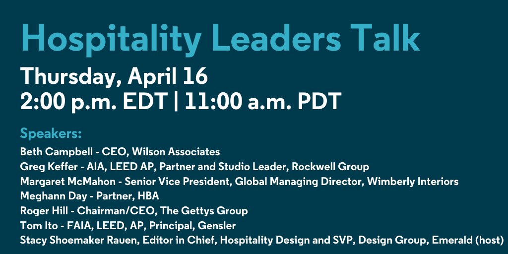 HD Expo (@hdexposhow) on Twitter photo Hear from industry leaders in this week’s webinar “Hospitality Leaders Talk” on Thursday, April 16 at 2pm EDT. Join <a href="/hdmag/">Hospitality Design</a> for an in-depth conversation on resiliency, decision-making, and teamwork in uncertain times #hospitalitystrong. Register here: bit.ly/3cmhnVr Hear from industry leaders in this week’s webinar “Hospitality Leaders Talk” on Thursday, April 16 at 2pm EDT. Join <a href="/hdmag/">Hospitality Design</a> for an in-depth conversation on resiliency, decision-making, and teamwork in uncertain times #hospitalitystrong. Register here: bit.ly/3cmhnVr